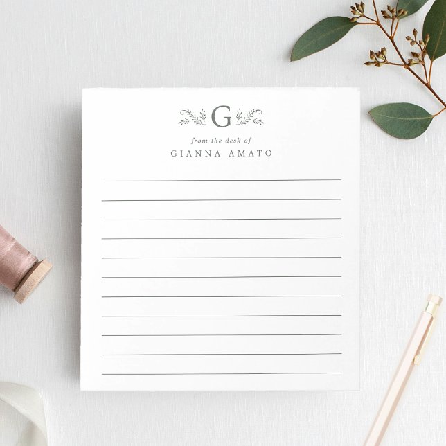 Elegant Green Botanical Monogram Lined Notepad (Creator Uploaded)