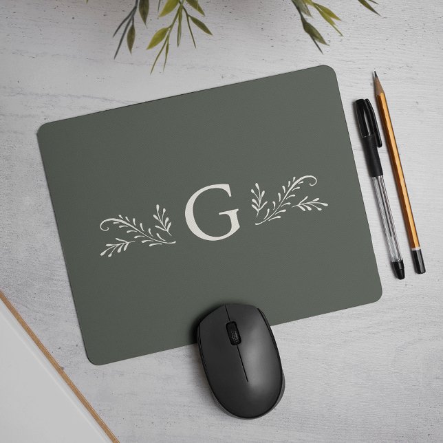 Elegant Green Botanical Monogram Mouse Mat (Creator Uploaded)