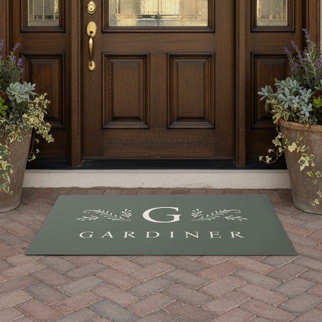 Elegant Green Botanical Monogram & Name Doormat (Creator Uploaded)