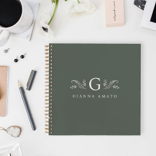 Elegant Green Botanical Monogram & Name Notebook