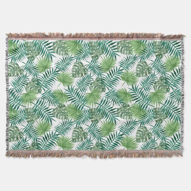 Elegant Green Botanical Palm Leaves Throw Blanket (Front)