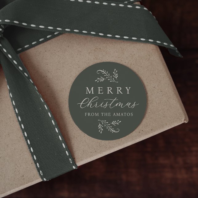 Elegant Green Botanical Personalised Christmas Classic Round Sticker (Creator Uploaded)