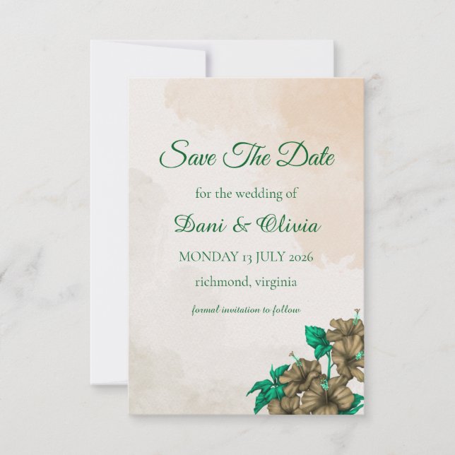 Elegant Green Botanical Save the Date Card (Front)