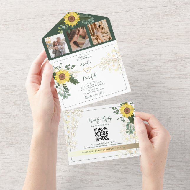 Elegant Green Botanical Sunflowers Wedding All In One Invitation (Tearaway)