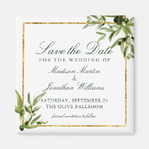 Elegant Green Botanical Vine Gold Save the Date Magnet