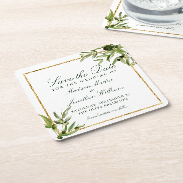 Elegant Green Botanical Vine Gold Save the Date Square Paper Coaster (Angled)