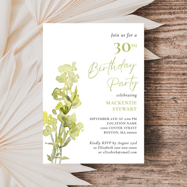 Elegant Green Botanical Watercolor 30th Birthday Invitation (Creator Uploaded)