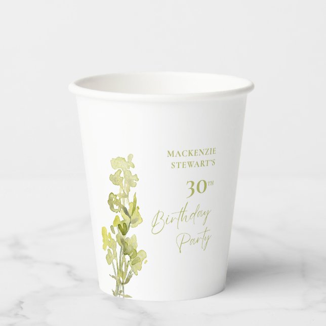 Elegant Green Botanical Watercolor 30th Birthday Paper Cups (Front)
