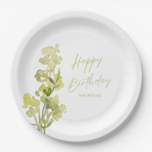 Elegant Green Botanical Watercolor 30th Birthday Paper Plate