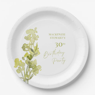 Elegant Green Botanical Watercolor 30th Birthday Paper Plate