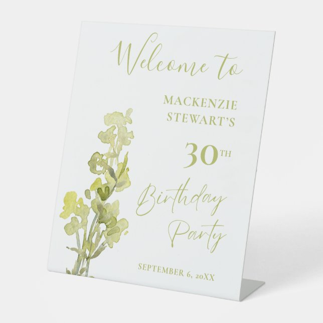 Elegant Green Botanical Watercolor 30th Birthday Pedestal Sign (Front)