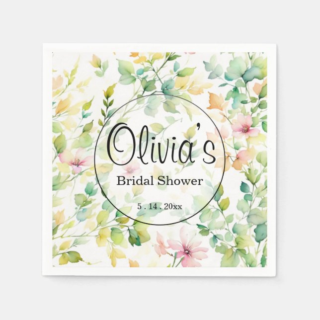 Elegant green botanical watercolor wildflowers  napkin (Front)