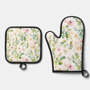 Elegant green botanical watercolor wildflowers oven mitt & pot holder set