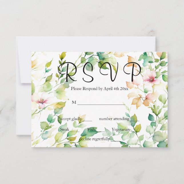 Elegant green botanical watercolor wildflowers  RSVP card (Front)