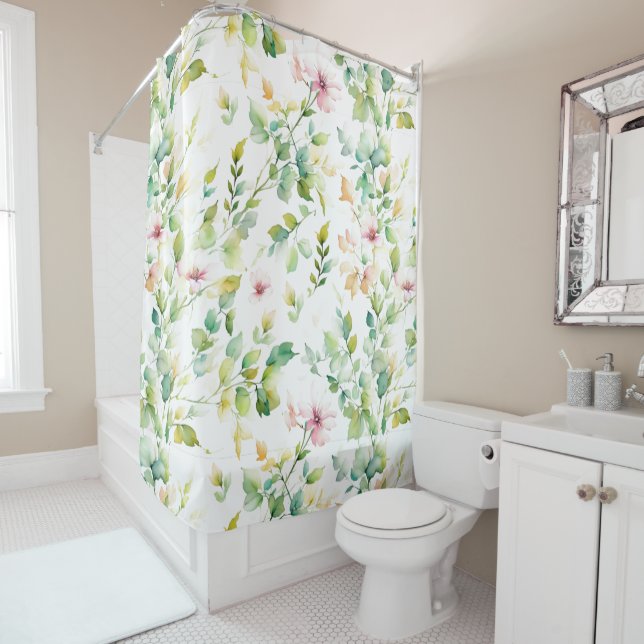 Elegant green botanical watercolor wildflowers  shower curtain (In Situ)