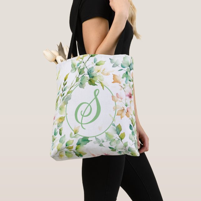 Elegant green botanical watercolor wildflowers  tote bag (Close Up)