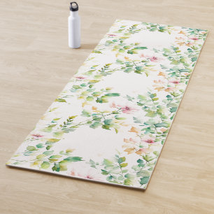 Elegant green botanical watercolor wildflowers  yoga mat