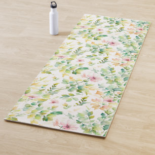 Elegant green botanical watercolor wildflowers yoga mat