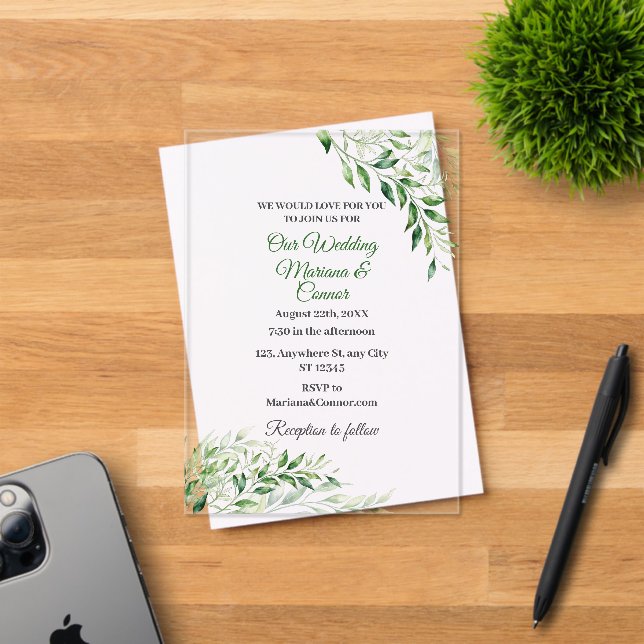 Elegant Green Botanical Wedding  Acrylic Invitations (Insitu (Invitation Card))
