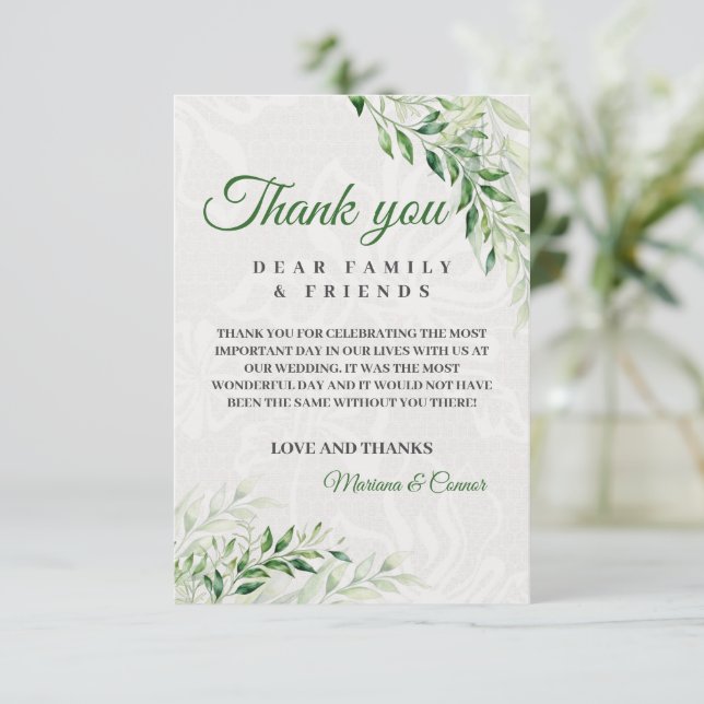 Elegant Green Botanical Wedding Thank You Card (Standing Front)