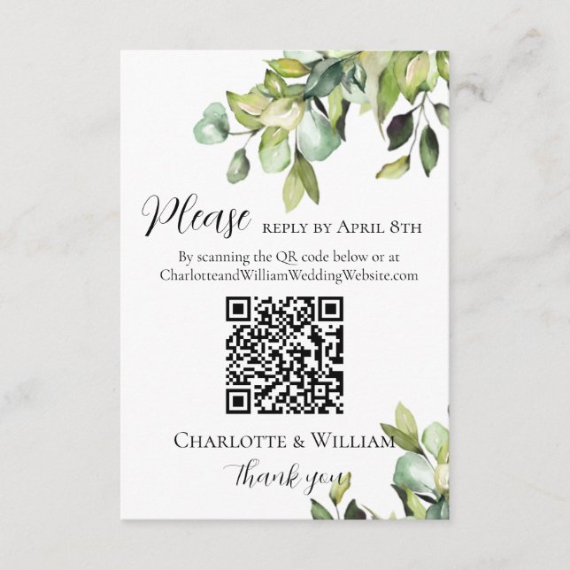Elegant Green Botanicals Reply QR Code Enclosure Card (Front)