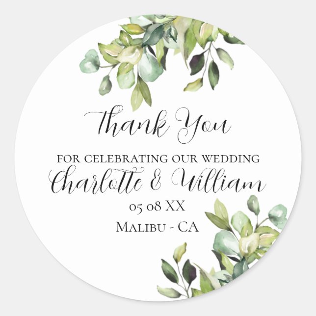 Elegant Green Botanicals Wedding Classic Round Sticker (Front)