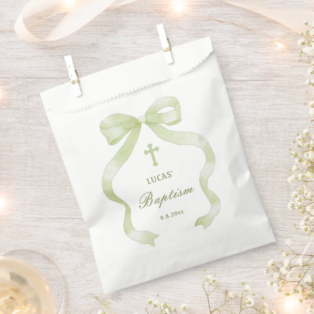 Elegant Green Bow Baptism Favour Bags (Clipped)