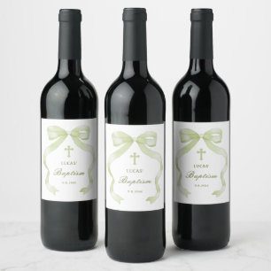 Elegant Green Bow Baptism Wine Label