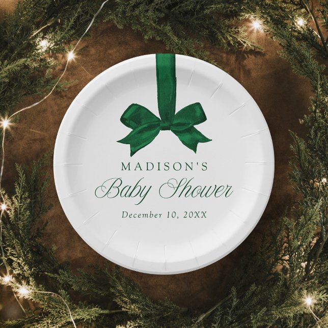 Elegant Green Bow Christmas Baby Shower Paper Plate (Creator Uploaded)