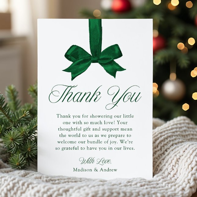 Elegant Green Bow Christmas Baby Shower Thank You Card (Creator Uploaded)