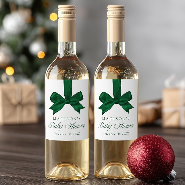 Elegant Green Bow Christmas Baby Shower Wine Label (Creator Uploaded)
