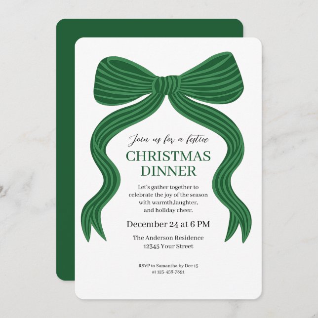 Elegant Green Bow Christmas Dinner Invitation (Front/Back)