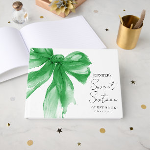 Elegant Green Bow Coquette Script Sweet 16 Guest Book