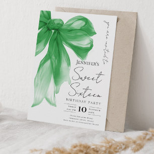 Elegant Green Bow Coquette Script Sweet 16 Party Invitation