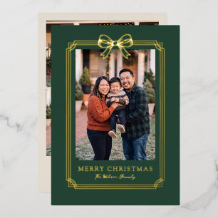Elegant Green Bow Frame Merry Christmas Photo Foil Holiday Card