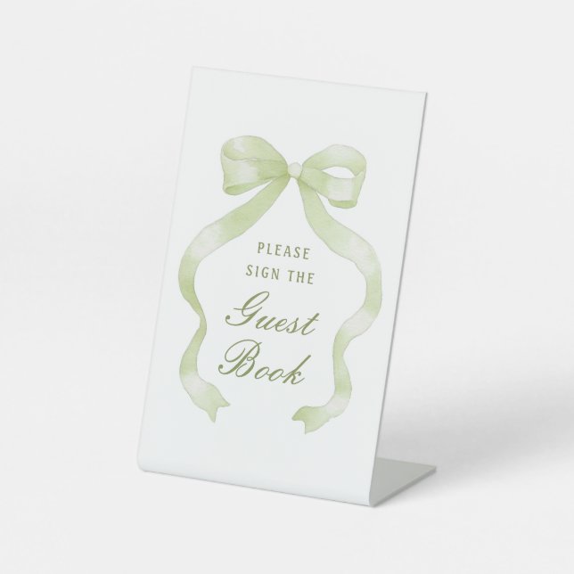 Elegant Green Bow Guest Book Pedestal Sign (Front)