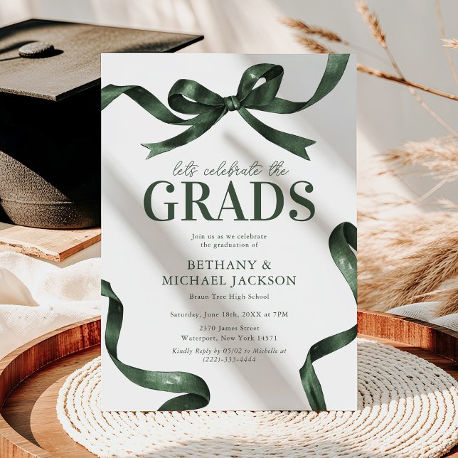Elegant Green Bow Joint Graduation Party Invitation (Creator Uploaded)