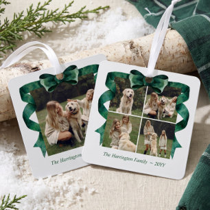 Elegant Green Bow Photo Collage Family Christmas Metal Tree Decoration