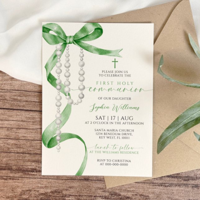 Elegant Green Bow & Rosary First Holy Communion Invitation (Creator Uploaded)