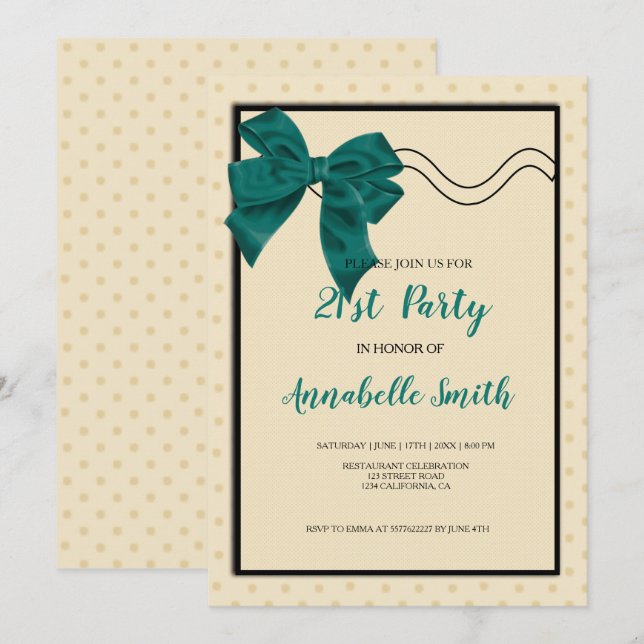 elegant green bow sweet 21st invitation (Front/Back)