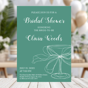 Elegant green bridal shower with modern bow design invitation