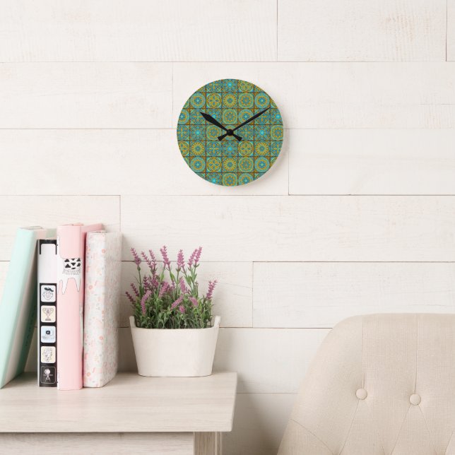 Elegant green& brown Moroccan  pattern  Round Clock (Reading Room)
