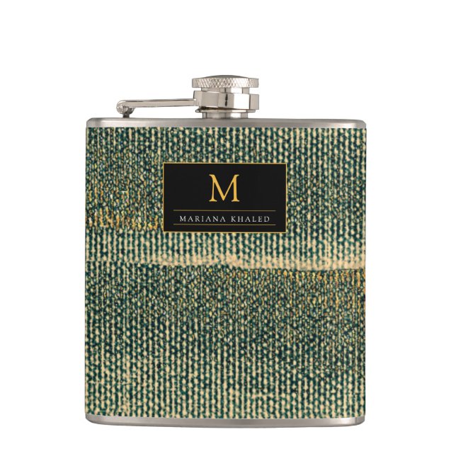 Elegant Green Brush with gold and black Hip Flask (Front)