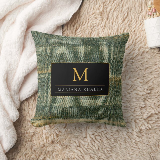 Elegant Green Brush with gold and black Monogram Cushion (Blanket)