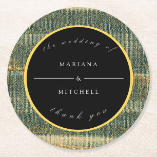 Elegant Green Brush with gold and black Round Paper Coaster