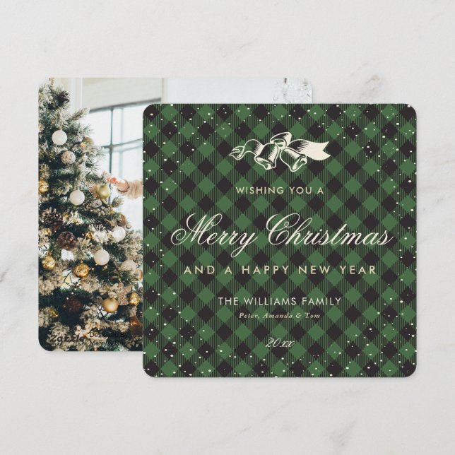 Elegant Green Buffalo Plaid Snow Photo Holiday Card (Front/Back)