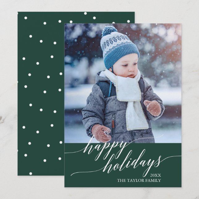 Elegant Green Calligraphy Happy Holidays Photo Holiday Card (Front/Back)
