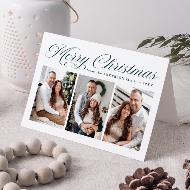 Elegant Green Calligraphy Merry Christmas 3 Photo Holiday Card (Creator Uploaded)