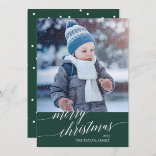 Elegant Green Calligraphy Merry Christmas Photo Holiday Card