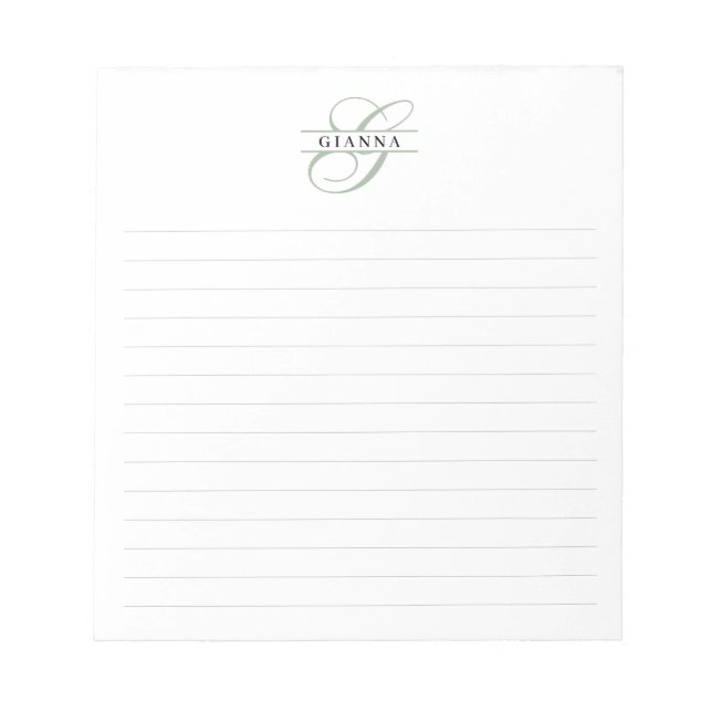Elegant Green Calligraphy Split Monogram Lined Notepad (Front)